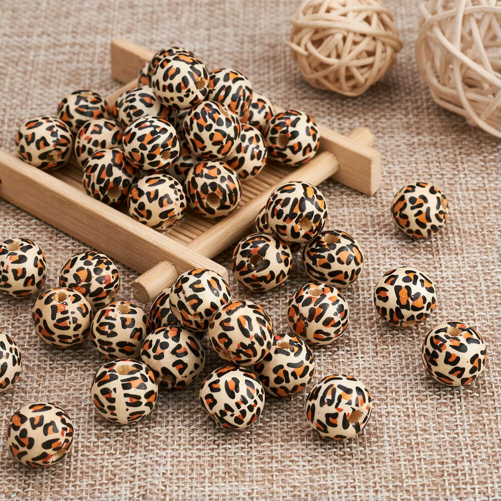 EOEMY 50Pc 13mm Round With Leopard Printed Natural Wooden Beads Peru Ball Loose Spacer