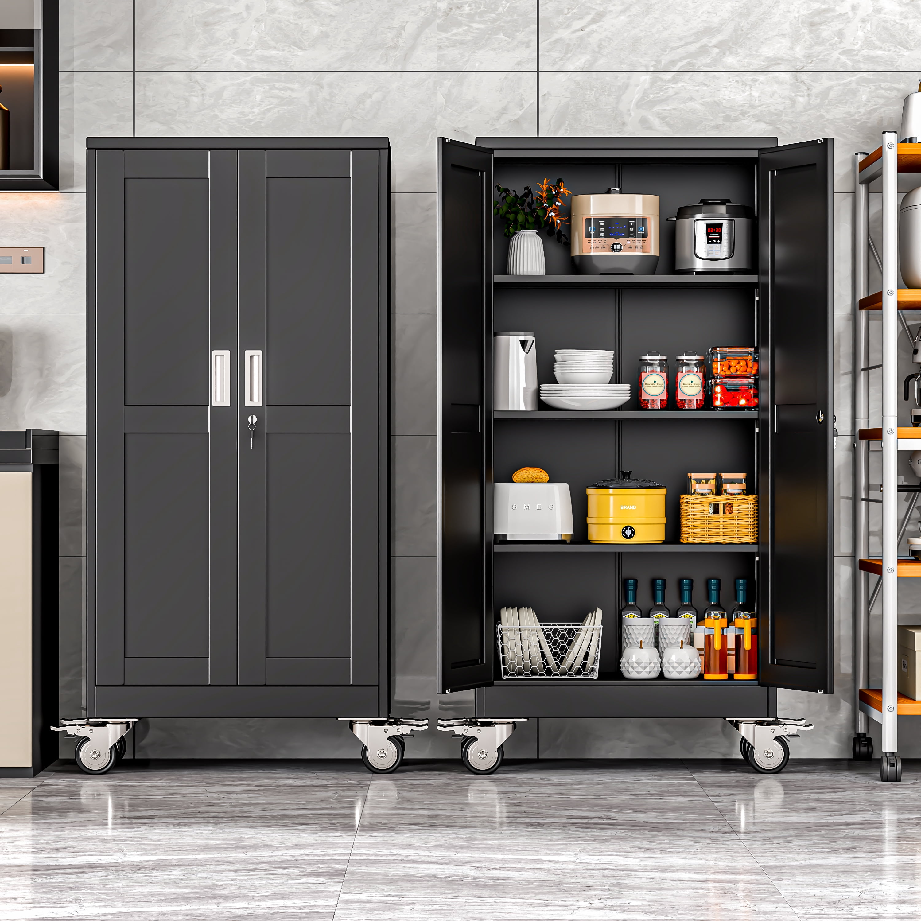 Erosoei 61"H Metal Garage Storage Cabinet with Wheels, Tool Storage Cabinet with 3 Adjustable Shelves