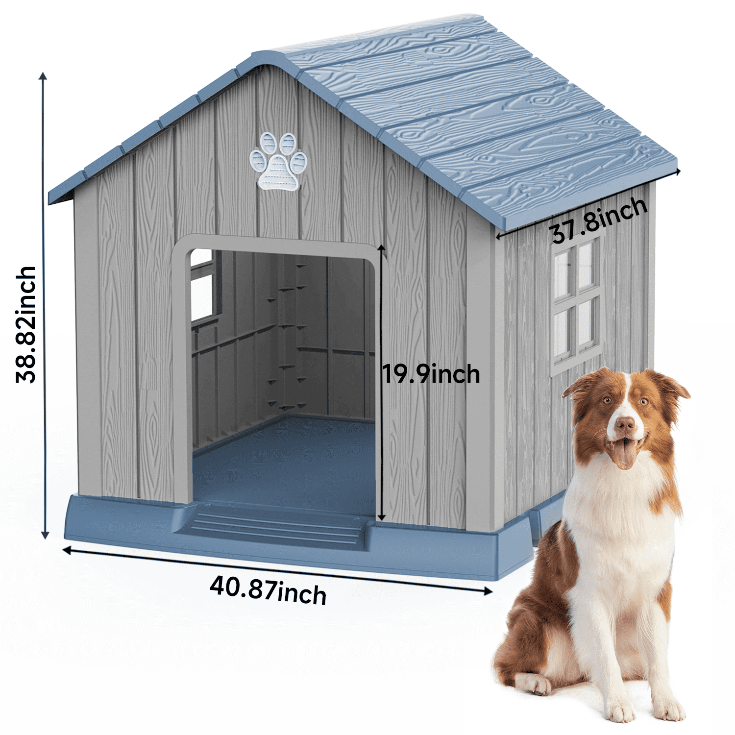 fazzn Durable Waterproof Resin Dog House for Small to Large Sized Dogs, Indoor Outdoor Doghouse Puppy Shelter with Elevated Floor, Easy to Assemble .Blue/Brown