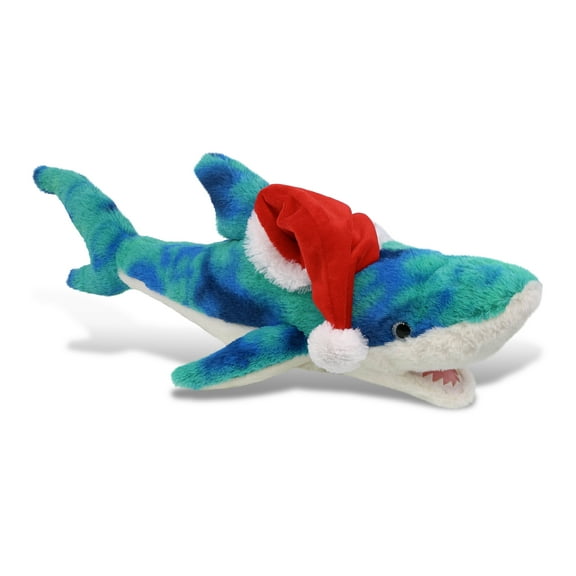 DolliBu Santa Plush Blue Tie-Dye Shark Stuffed Animal Plush Toy - Super Soft Sea Animal Shark Dress Up with Red Santa Claus Hat, Cute Ocean Life Shark Gift, Perfect Holiday Christmas Gift - 23 Inches