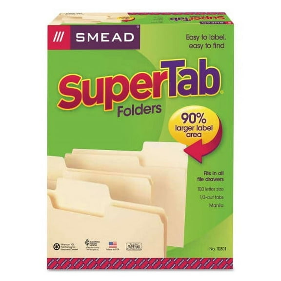 Smead SuperTab Top Tab File Folders, 1/3-Cut Tabs: Assorted, Letter Size, 0.75" Expansion, 11-pt Manila, 100/Box, Each