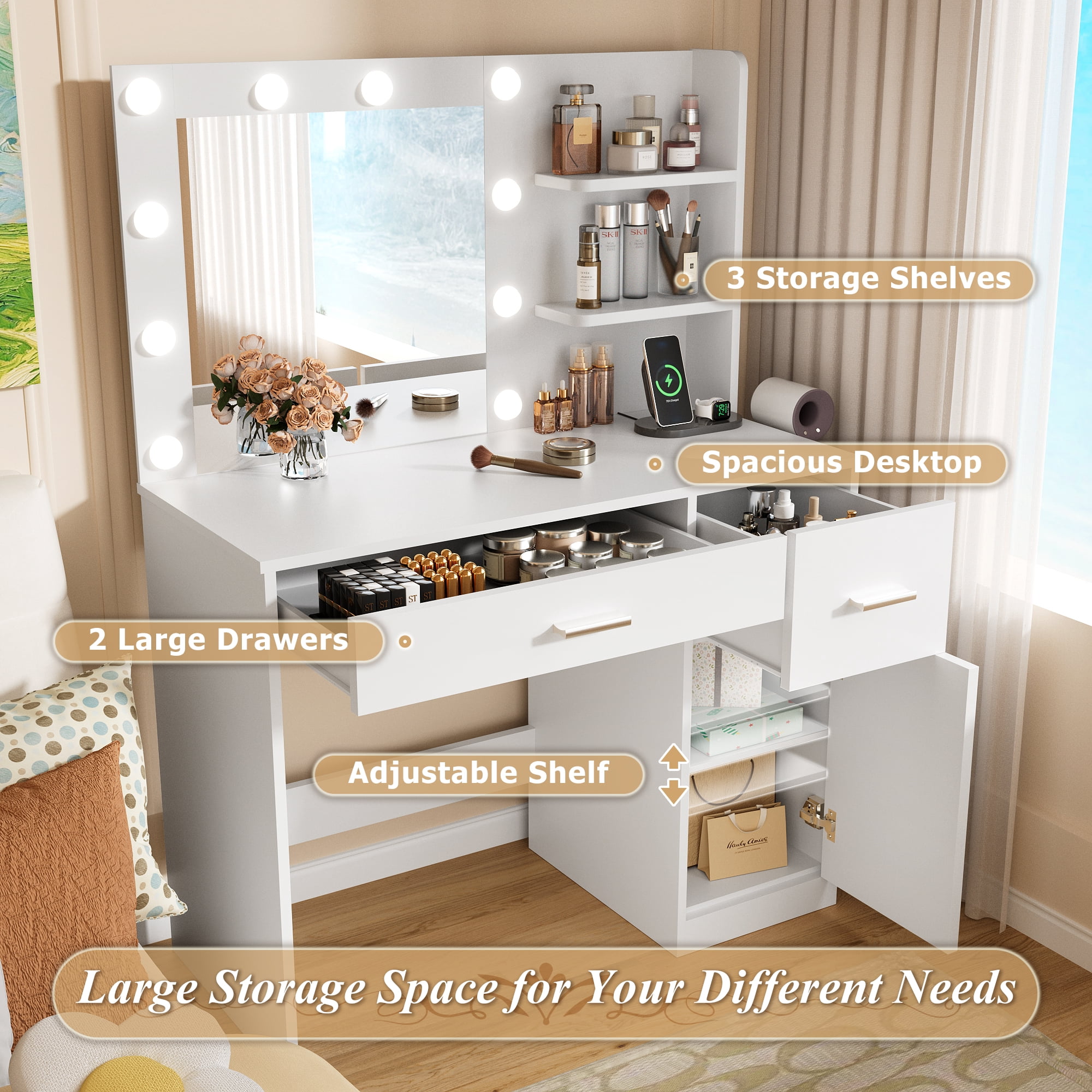 Homall Vanity Table Set with Lights, Mirror & Storage, Makeup Vanity Desk with Power Outlet for Bedroom, White