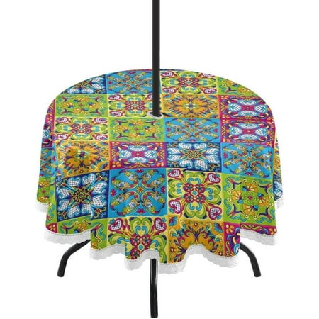 

Hyjoy 60 Mexican Talavera Outdoor Tablecloth with Umbrella Hole and Zipper Waterproof Round Tablecloth for Party Patio Picnic Holiday Dinner Summer