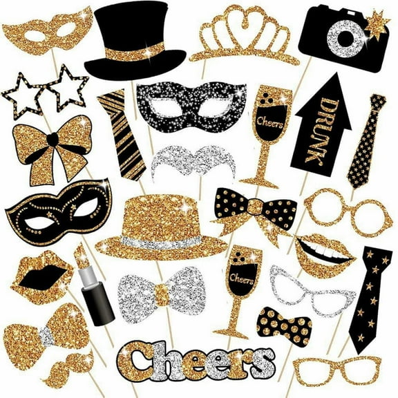 kjfeif 30 Pieces Black Golden Photo Booth Props for Birthday Wedding New Year Party,Mix of Hats, Lipstick, Tie, and More Funny Selfie Props