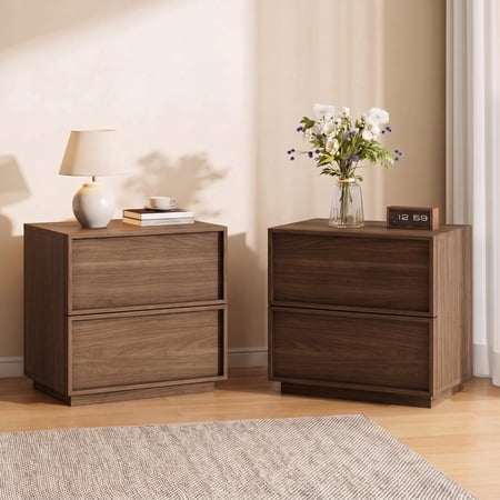 Treocho Nightstands with 2 Drawers Set of 2 Compact Wooden Bedside Table Modern Scandinavian Storage Cabinet with Concealed Handles for Bedroom Living Room Hallway Nursery Walnut