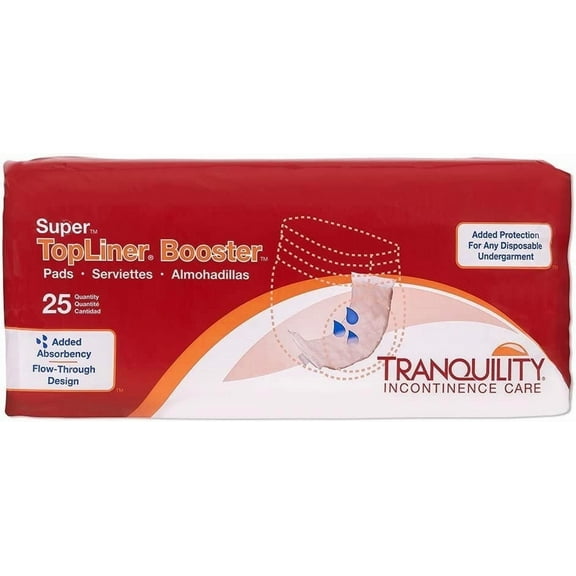 Tranquility TopLiner Disposable Booster Pads, Super (15" x 4.25"), Flow-Through Design with Adhesive Strip for Max Absorption, Adult Unisex,  25ct Bag, 2 Pack