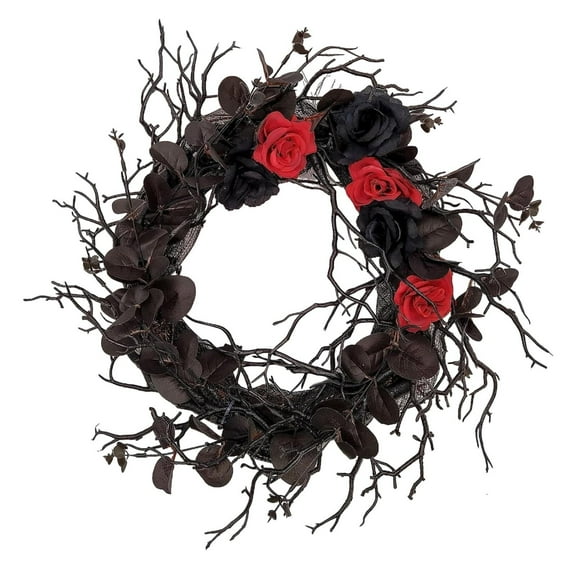 Couronne de Porte d'Halloween Noire avec Feuilles, Rose Rouge, 15 Po, Couronne Joyeuse d'Halloween pour Porte d'Entrée, Couronne de Brindilles Noires Artificielles pour Déco Gothique d'Halloween