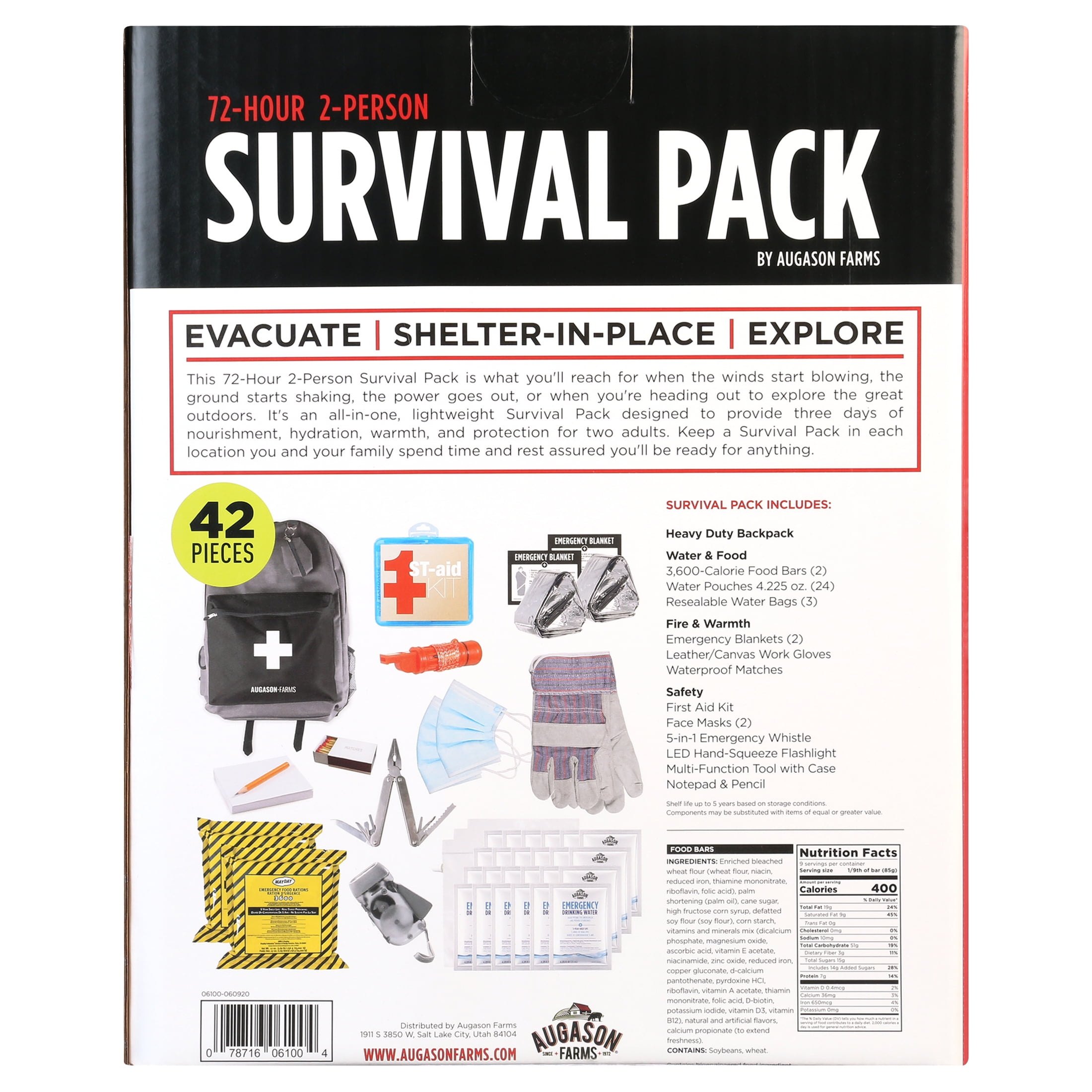 Augason Farms Survival pack Emergency Kit, 72 Hours, 2 Person, 42 Pieces, Batteries Included, 14 lbs