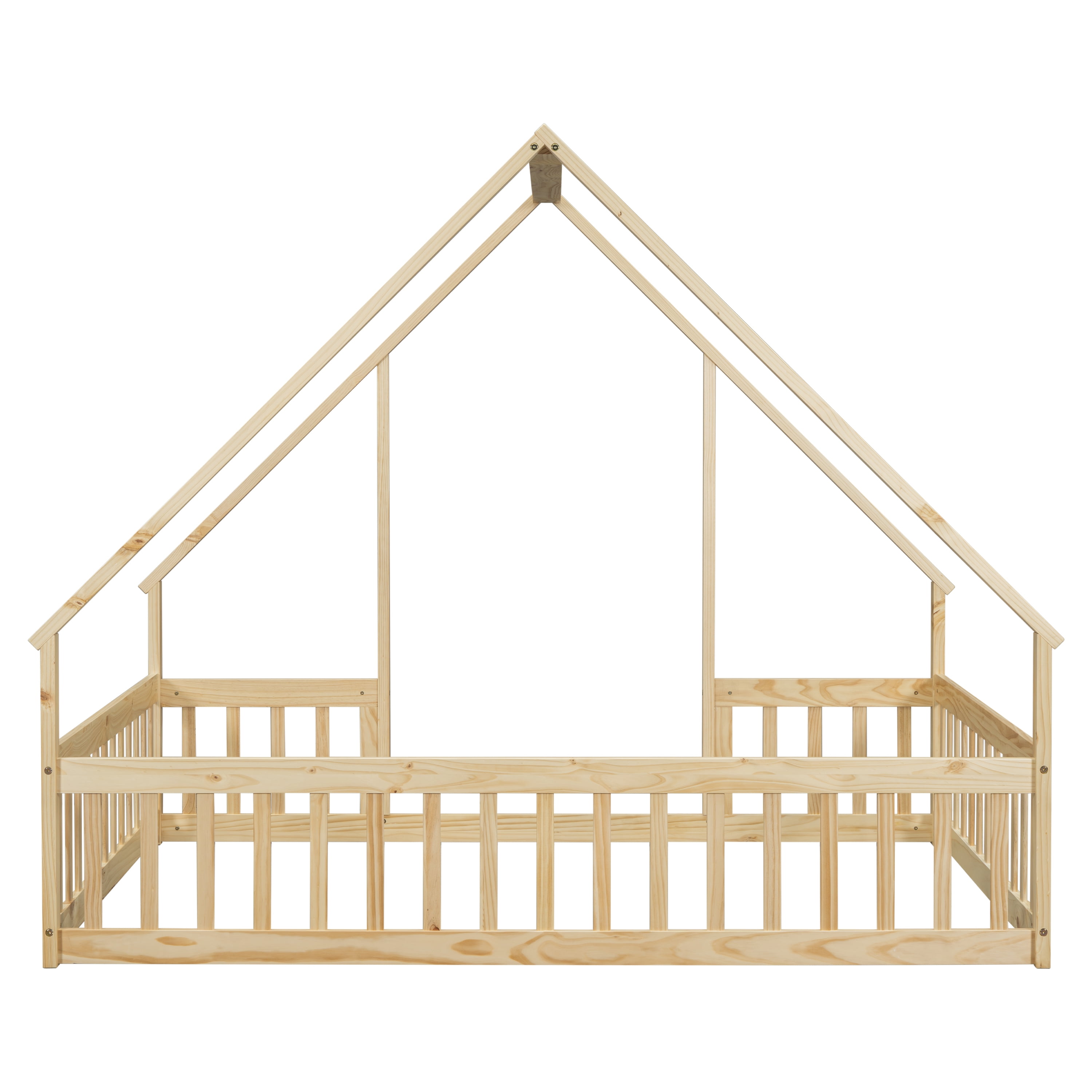 Miniyam Wood Full Size House-Shaped Floor Bed with Guardrails for Kids, Natural