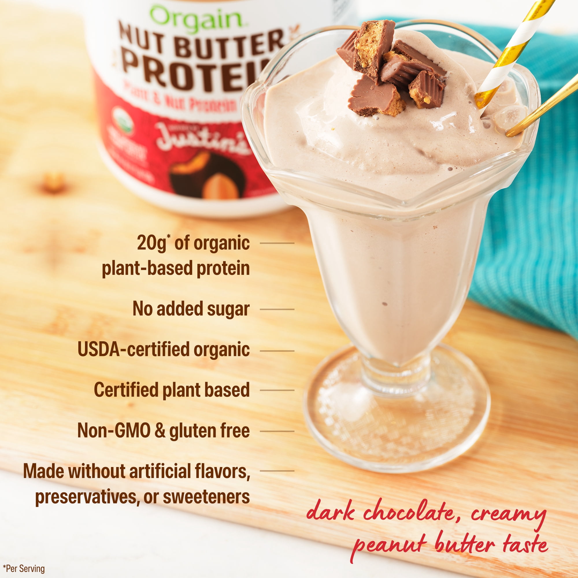 Orgain X JUSTIN’S® Organic Plant & Nut Butter 20g Vegan Protein Powder, Dark Chocolate Peanut Butter 13.28oz