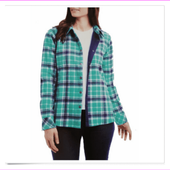 Orvis women shirt jacket plus buffalo plaid fleece lined L/Sea Glass Plaid