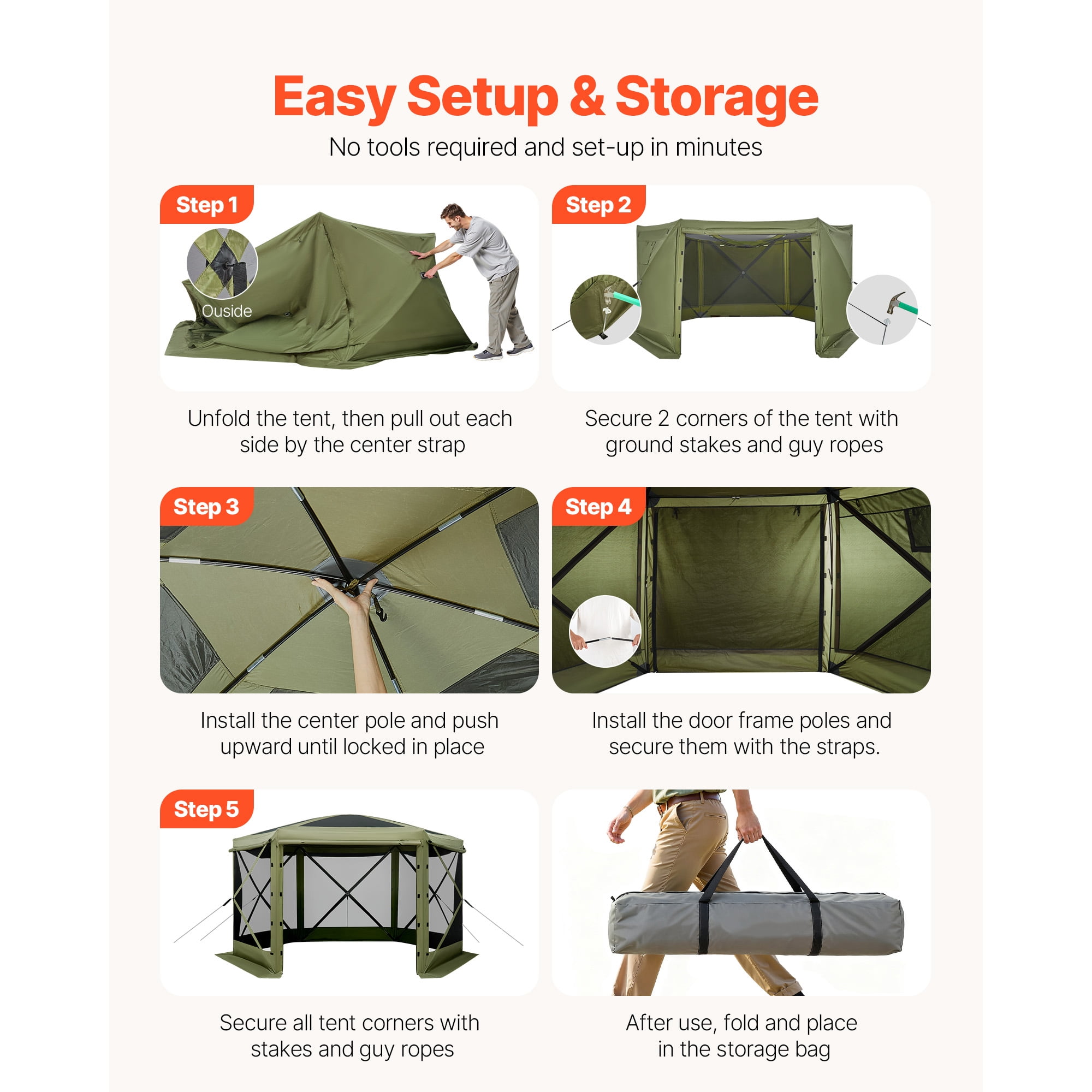 KFFKFF Pop-Up Gazebo Screen Tent, 10 x 10 ft Hexagonal Camping Canopy with Detachable Roof & Carry Bag, Easy Setup & Insect-Resistant, Screened Sun Shelter for 6-8 People, Green