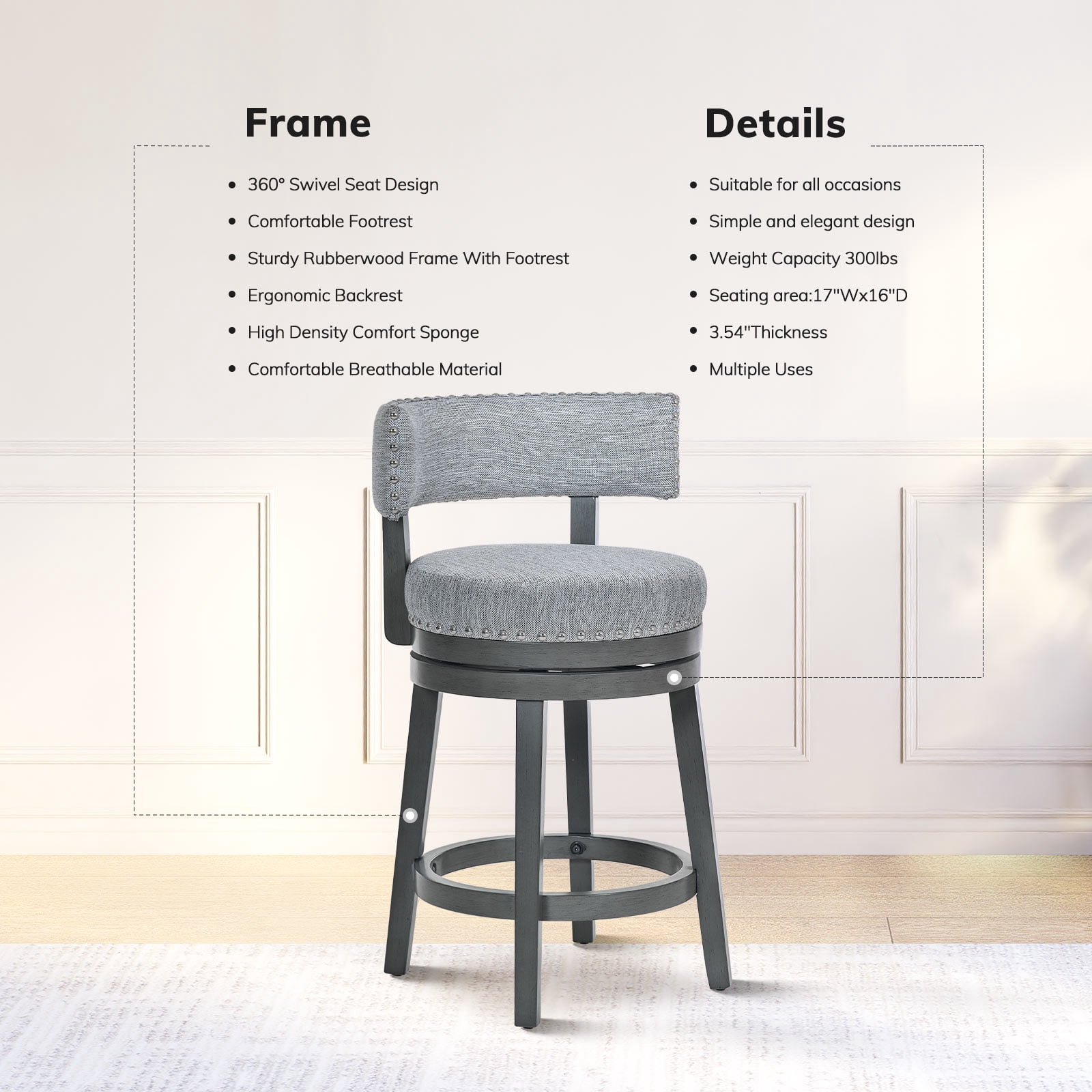 AFO Upholstered Swivel Bar Stool Set of 4 with Back - 24 Inch Counter Height Chair for Kitchen Island, Grey