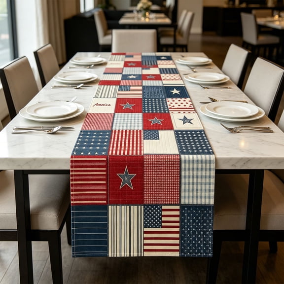Patriotic Table Runner Decorations America Flag Stars Stripe Patchwork Table Runner 4th of July Table Runners Memorial Day Independence Day Vintage Kitchen Dining Home Party Decor Supply