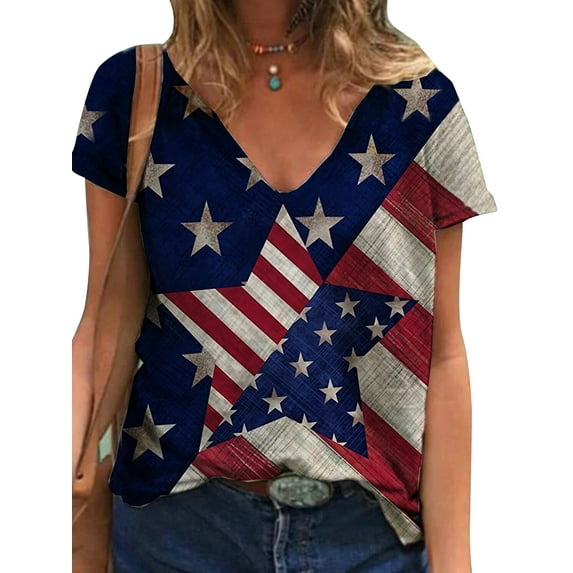WISEFIN Women American Flag Print Tee Short Sleeve V-Neck USA Flag Top T-Shirt