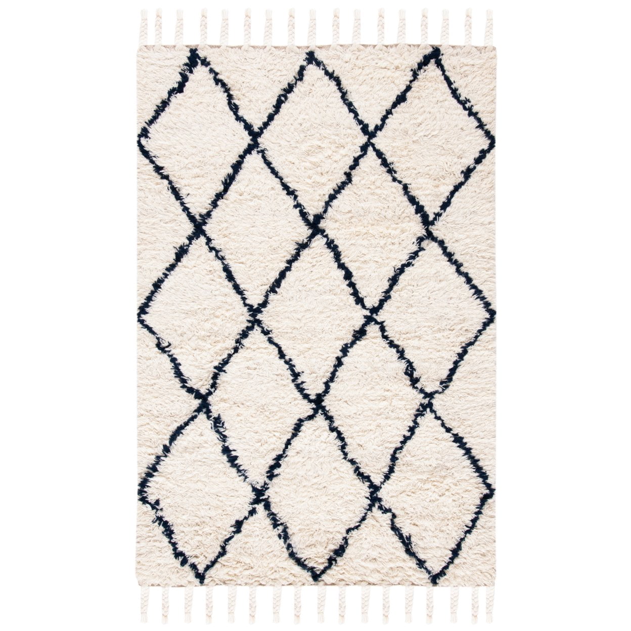 SAFAVIEH Casablanca Mackenzie Geometric Wool Shag Area Rug, Navy/Ivory, 4' x 6'