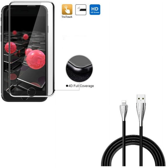 iPhone 7/8 PLUS Screen Protector w 10ft USB Cable - Tempered Glass 4D Touch Curved Edge Full Cover, Charger Cord Power Wire Long for iPhone 8 PLUS/7 Plus