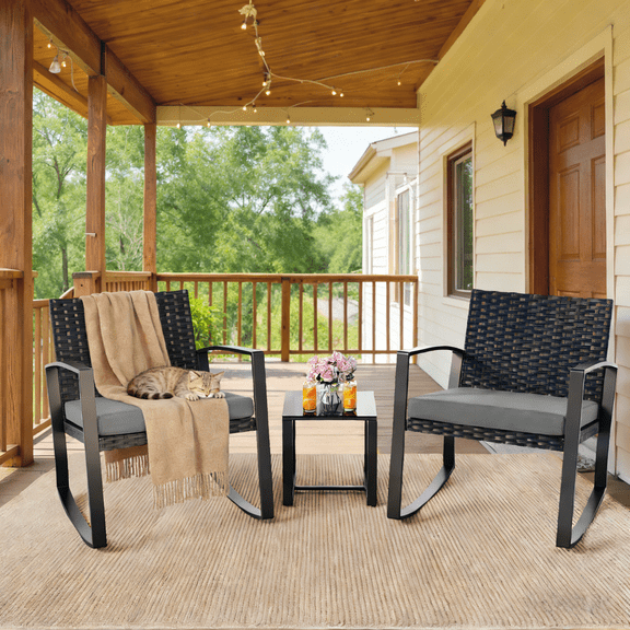 Patio Furniture Set, Lofka 3 Pieces Outdoor Porch Furniture Set with Rocking Chairs and Glass Table for Balcony & Garden, Gray Cushion