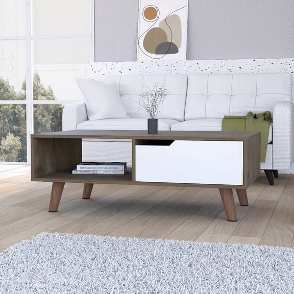 1-Shelf 1-Drawer Dark Brown and White Rectangle Coffee Table - Modern & Spacious