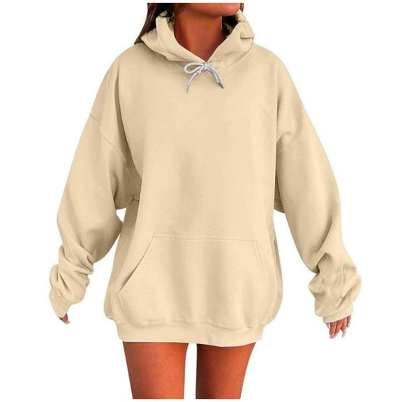 UPPADA Womens Oversized Drawstring Hoodies Casual Cute Hooded Sweatshirts Solid Loose Fit Pullover Tops Fashion Y2k Tops Fall Outfits with Kangaroo Pockets Beige,L
