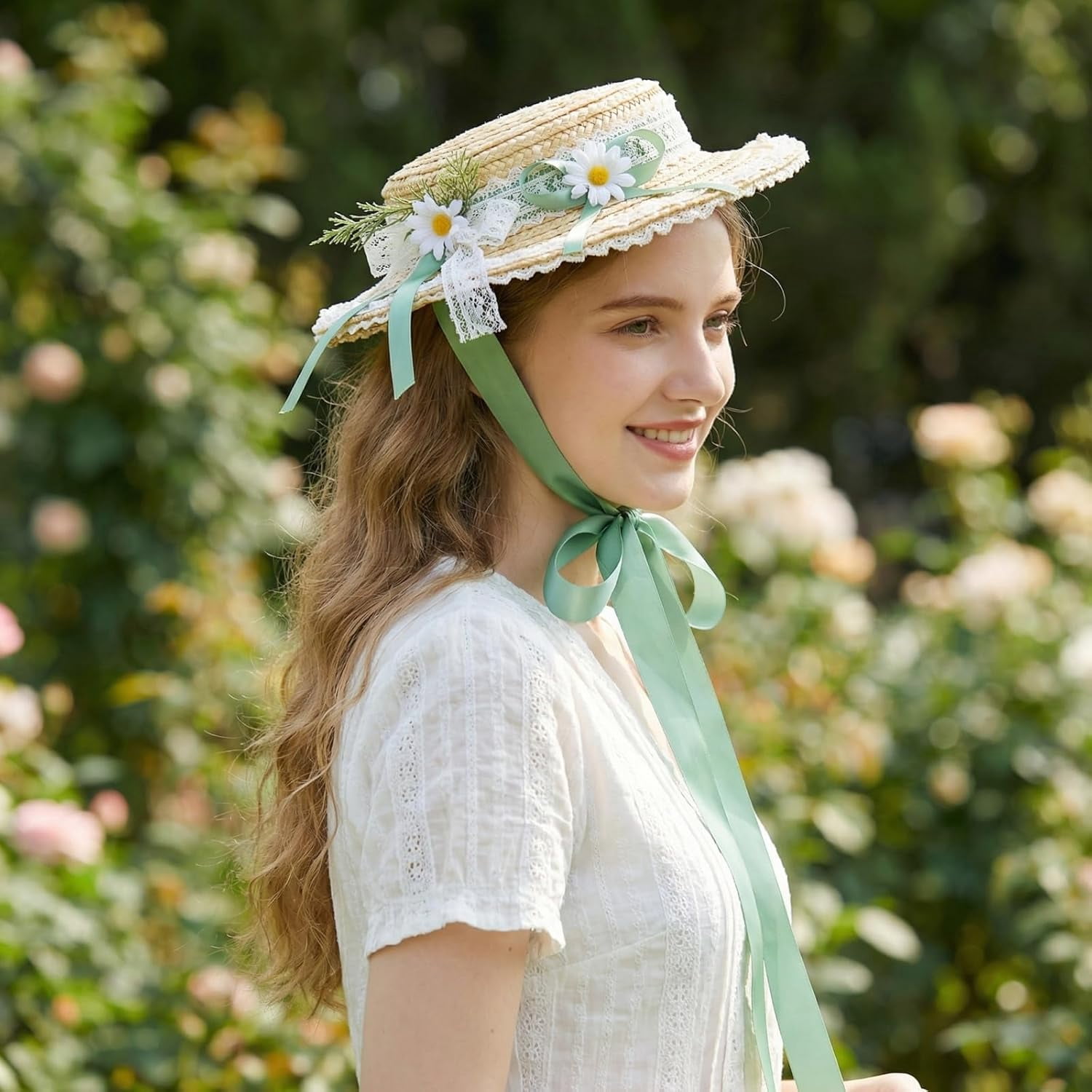 Kukuzhu Girls Women Victorian Tea Party Sun Hat, Lolita Lace Ribbons Straw Flat Hat Wide Brim Flower Bonnet Cap