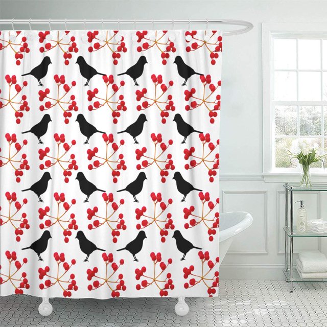 ABPHQTO Abstract Red Berries and Birds Raster Beak Birdhouse Rama negra Cortina de ducha 160x180 cm