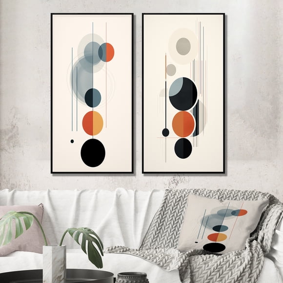 Designart "Waning Moon Retro Circles VI" Modern Geometric Framed Wall Art Set Of 2 - Modern Red Framed Canvas Set For Living Room Decor