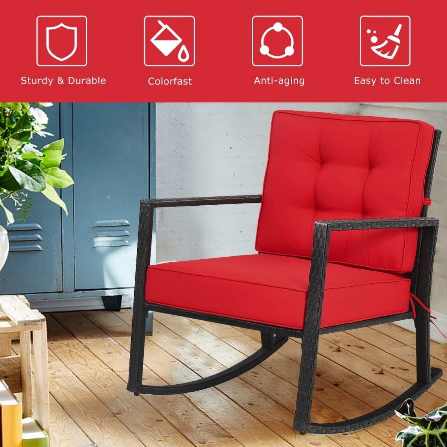 Barara King Rocking Chairs Outdoor, Patio Rattan Rocker Outdoor Glider Rocking Chair Cushion Lawn-Red, Patio Rocking Chairs