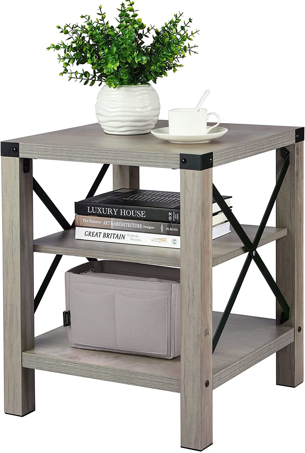 Coolmee Rustic Side Table,End Table Industrial Grey Wood Look Tea Table