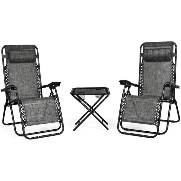 DORTALA 3 PCS Lounge Chair Set, Outdoor Lounge Chairs w/Removable Headrest and Table w/ 2 Cup Holders, Set of 3 Adjustable Folding Lounge and Table for Balcony Yard Beach Pool, Grey