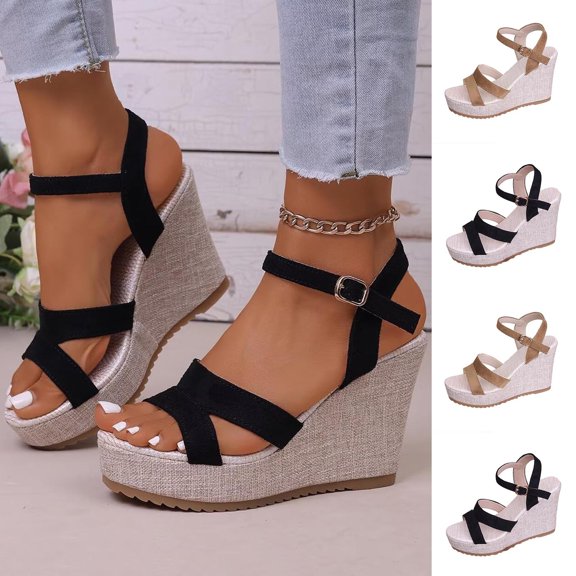 Miluxas Dressy Open Toe Sandals Platform Wedge Sandals with Ankle Strap Buckle,Strappy Espadrille Wedge Sandals for Women Comfortable Summer Brown 9.5(43)