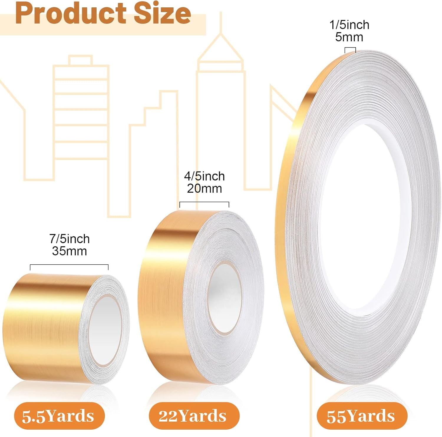Multi Size Self Adhesive Polyester Film Washi Metallic Tape for Detailing Accent Graphic Arts for Walls Cars and Boats Trim(Gold)