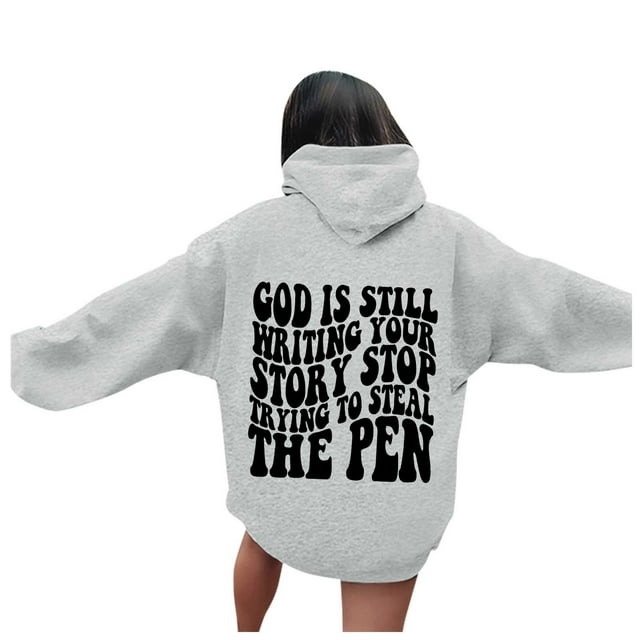 WEAIXIMIUNG Chandails à Col Rond pour Femmes Graphique Dieu de la Plage Écrit Encore Votre Histoire Chandails à Capuche Graphiques pour Femmes Chandails Surdimensionnés à Manches Longues Décontractés avec Cordon de Serrage et Poches