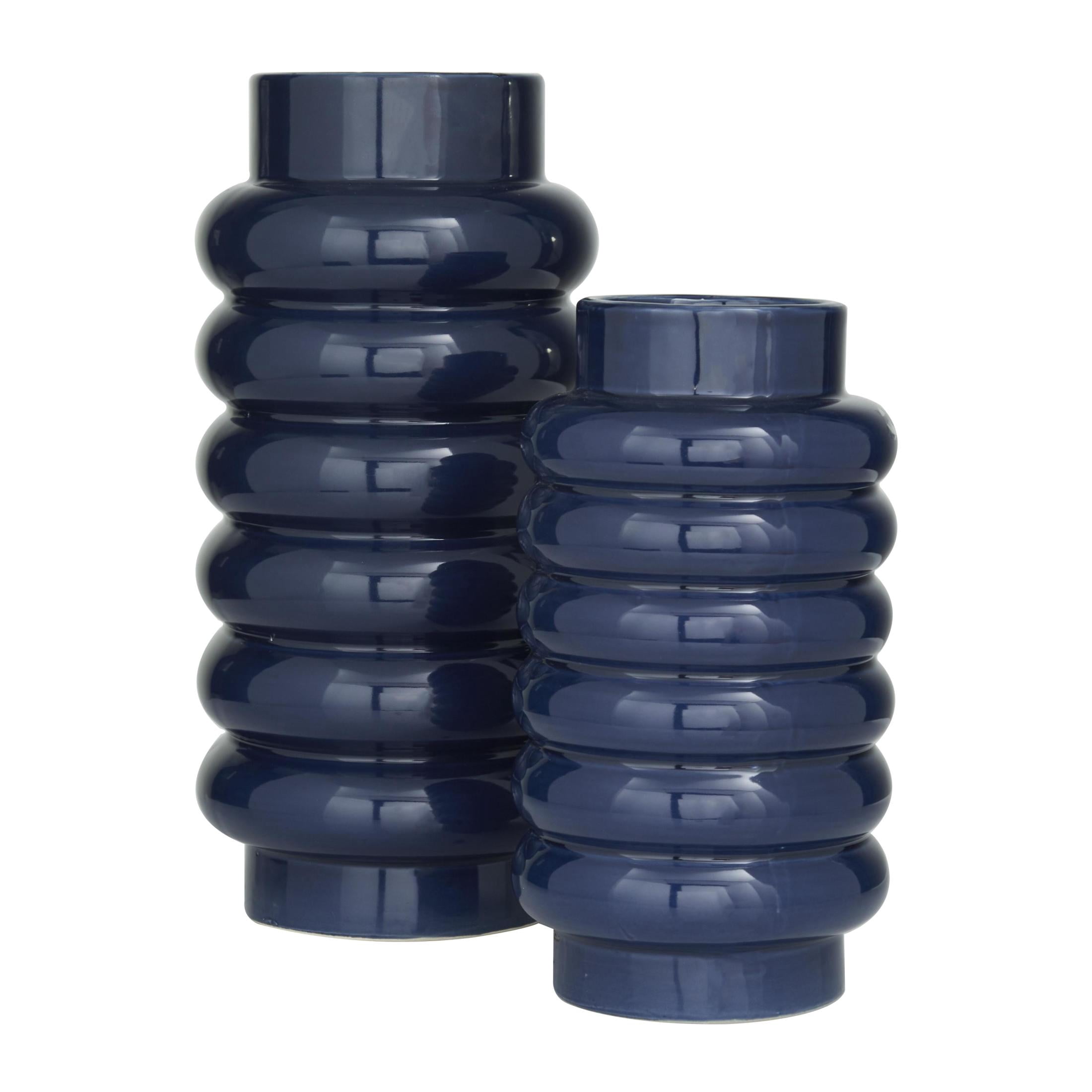 CosmoLiving by Cosmopolitan 16", 12"H Dark Blue Ceramic Vase with Stacked Ring Design, Set of 2