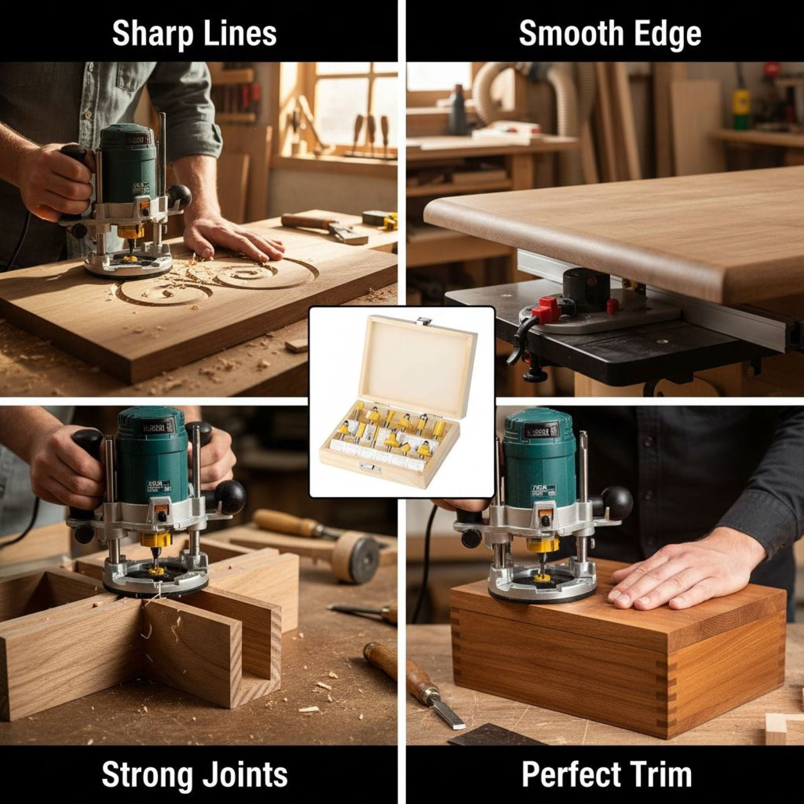 12 Pcs Router Bit Set 1/4 Shank, Tungsten Carbide Woodworking Tools with Straight, Cove, V-Groove, Chamfer, Flush Trim Bits, Universal Shank, Wooden Box for Storage, Yellow