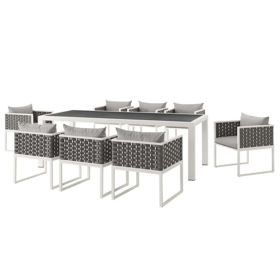 Contemporary Modern Urban Designer Outdoor Patio Balcony Garden Furniture Side Dining Chair and Table Set, Aluminum Fabric, White Grey Gray