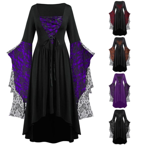 HNMKIU Women Punk Gothic Long Sleeve Dress Square Neck Lace Up Bust Tiered Bell Sleeve Red Black Lace Patchwork Irregular Hem Maxi Dress Halloween Casual Darkwear Outfit