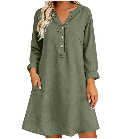 Levmjia Womens Solid Cotton Linen Midi Dress V Neck Button Long Sleeve Loose Casual Shift Dress Lightweight Breathable Dress Daily Vacation Casual Outdoor