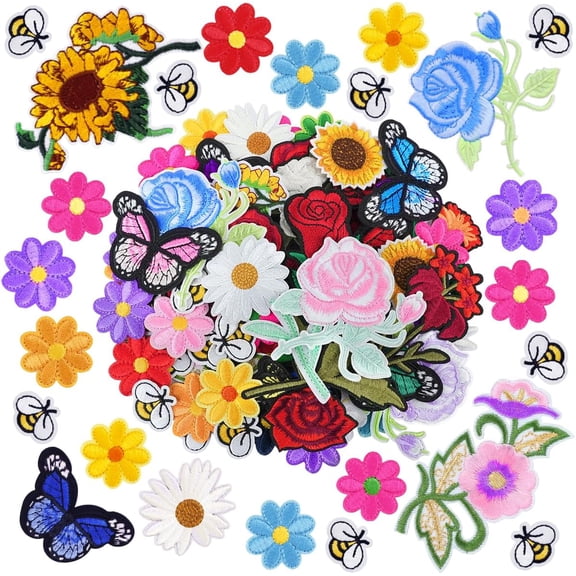 83 Pcs Embroidered Iron On Patches for Clothing, Butterfly Flower Sew On Patches Set, Sunflower Bee Rose Daisy Embroidered, Applique Patches for Clothe Jackets Jeans Backpacks Bag,Christmas Gift