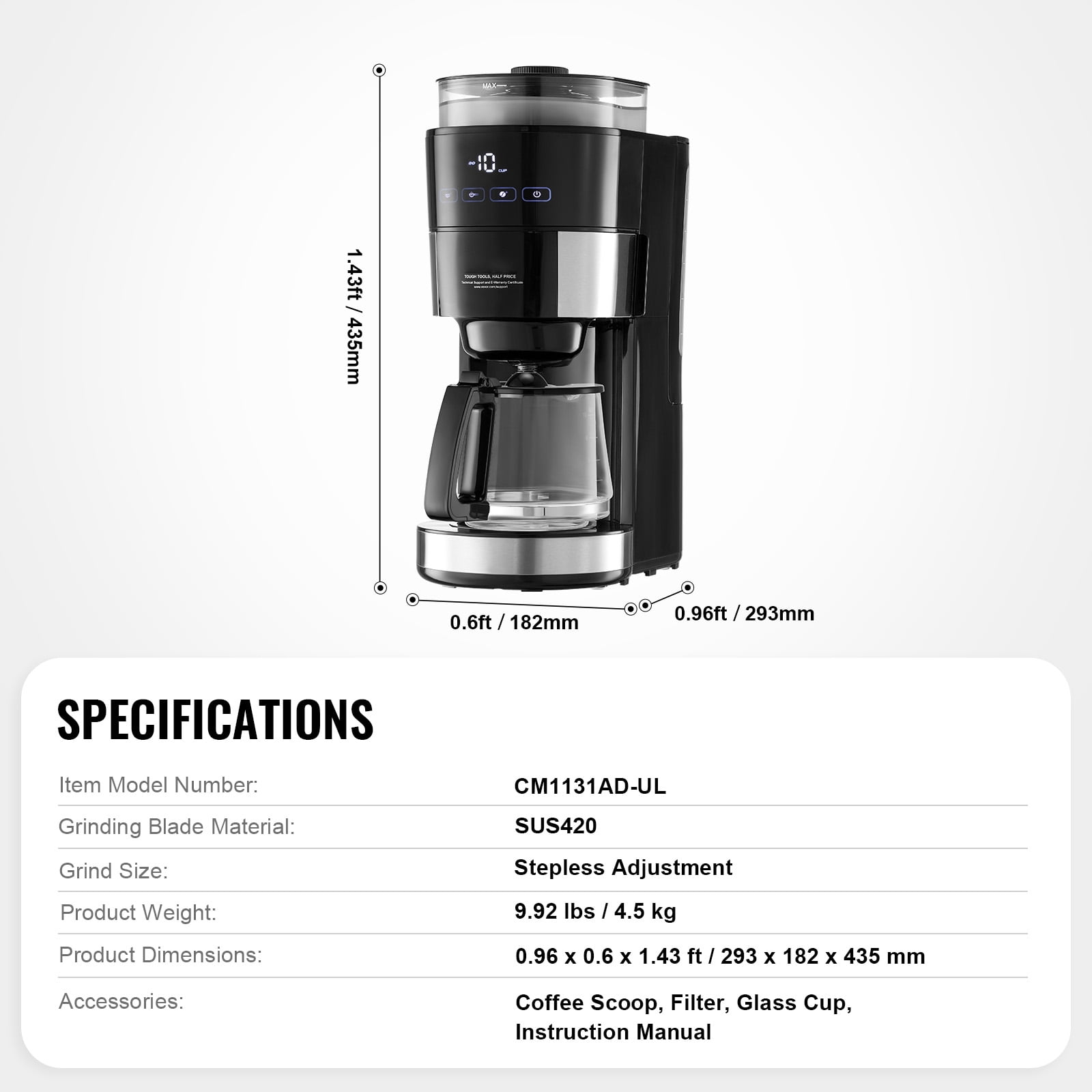 KFFKFF 10 Cup Coffee Maker with Grinder Grind and Brew Coffee Maker with 3 Brew Strength Control 24-Hour Timer for Auto Brew with Adjustable Grinding Coarseness