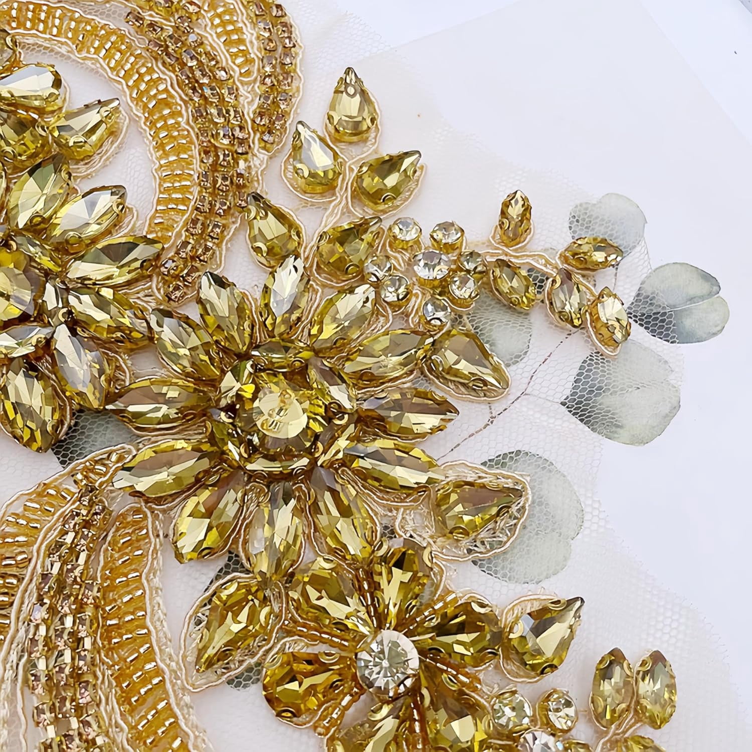 Rhinestones Beaded Appliques Embellishments: Rhinestone Applique, Retro Embroidered Lace Pure Handmade Shining Rhinestones Appliques for Dresses Wedding Dress DIY Accessories, Gold Applique (Gold)