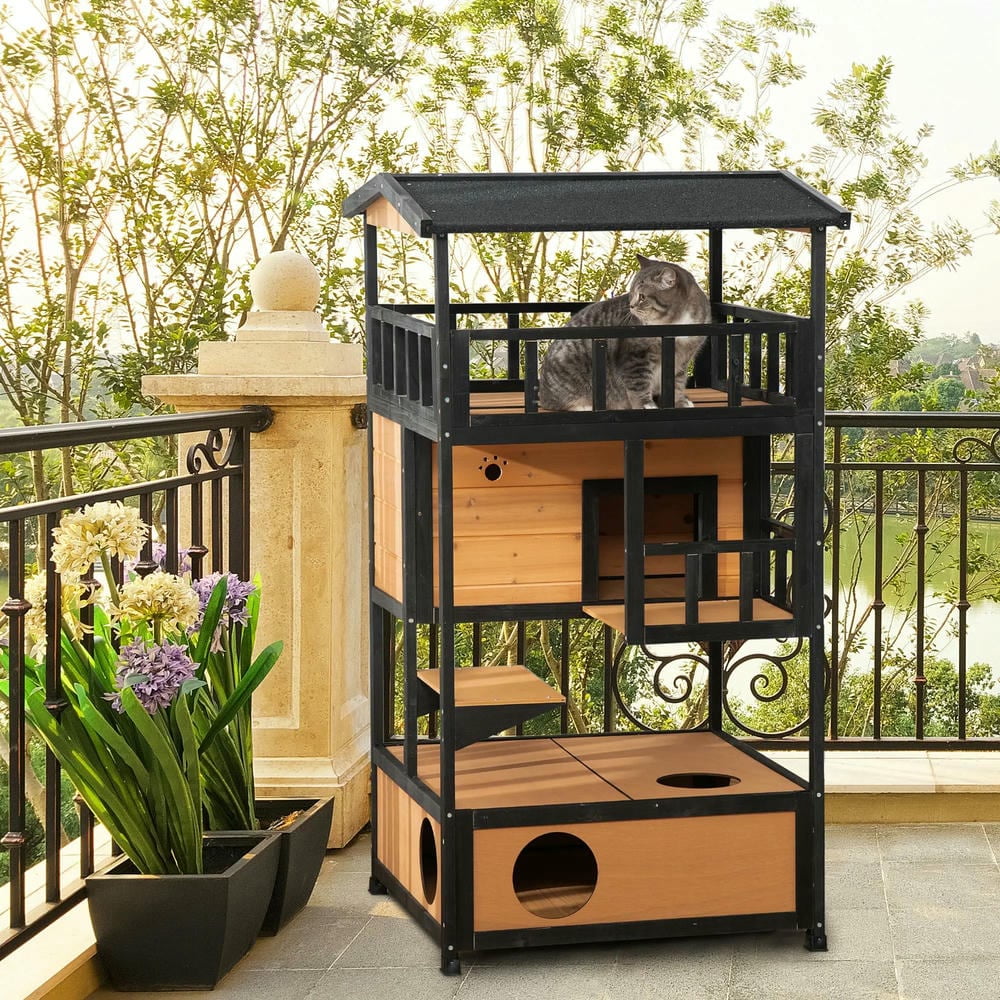 Resenkos Cat Cage, Cat Crate Kennel Enclosure Playpen,Wooden Outdoor Cat House, Feral Cat Shelter Kitten Condo with Asphalt Roof, Yellow