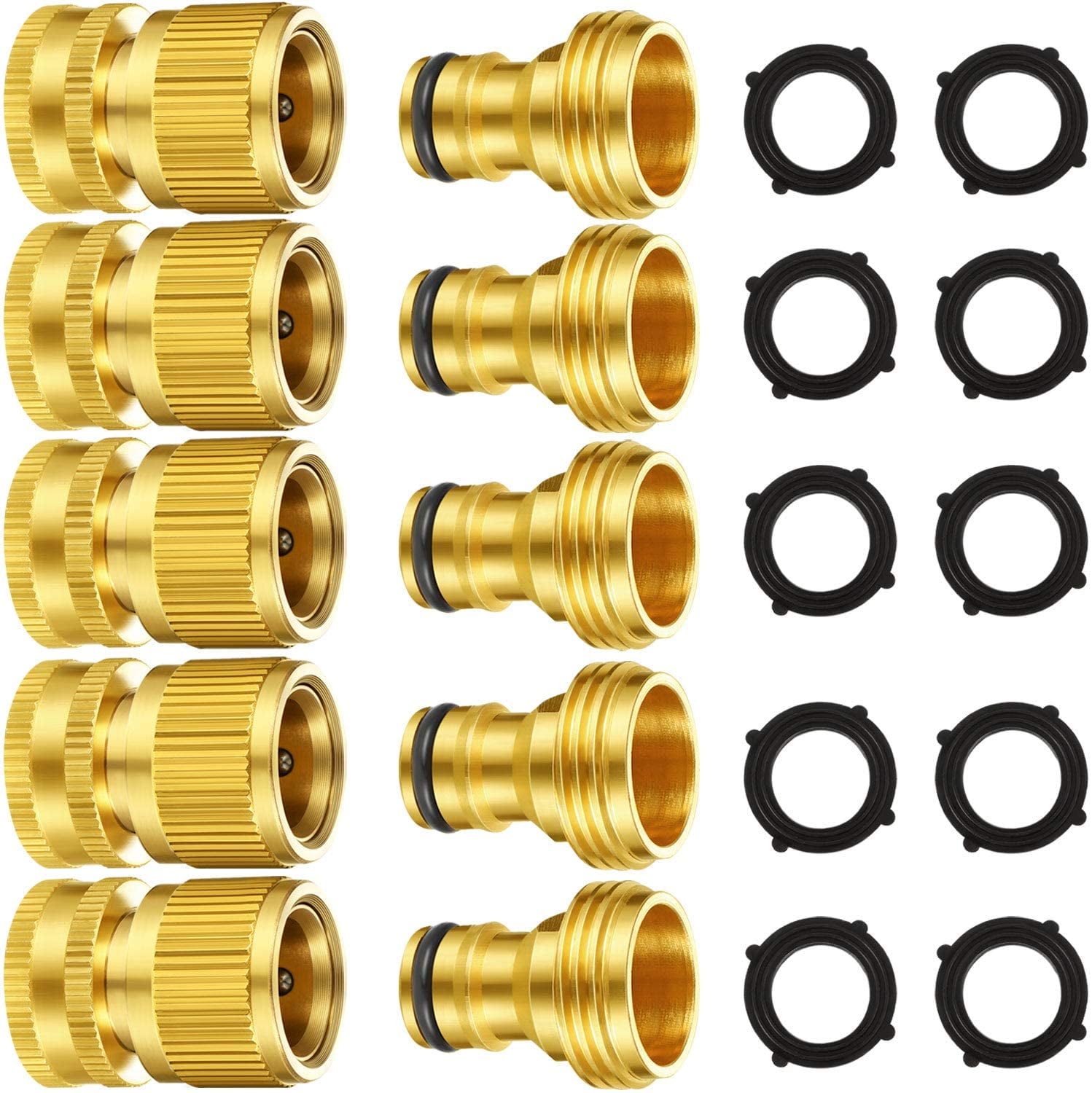 HRTGFD-5 Set Garden Hose Quick Connect Fittings Solid Brass Quick Connector 3/4 Inch GHT Garden Water Hose Connectors with Extra Rubber Washers, Male and Female