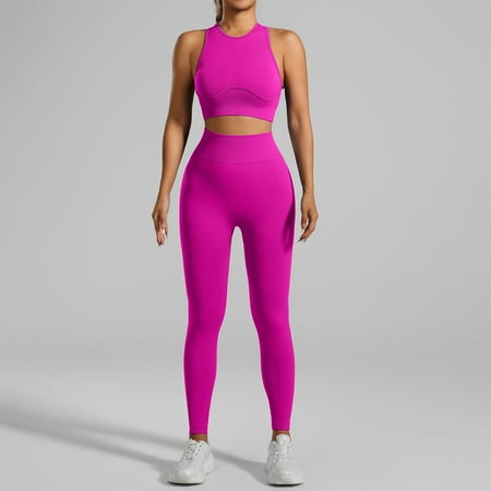 XDDLITP Womens Seamless Workout Sets Two Piece Padded Stretchy Ribbed Sports Bra Sets with High Waist Seamless Leggings Gym Yoga Exercise Outfits Pink M