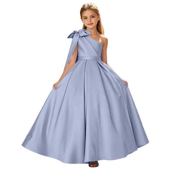 CHEEREAM Kids One Shoulder Dress Elegant Tulle Flower Maxi Dresses with Big Bow Girls Satin Princess Pageant Gown First Communion
