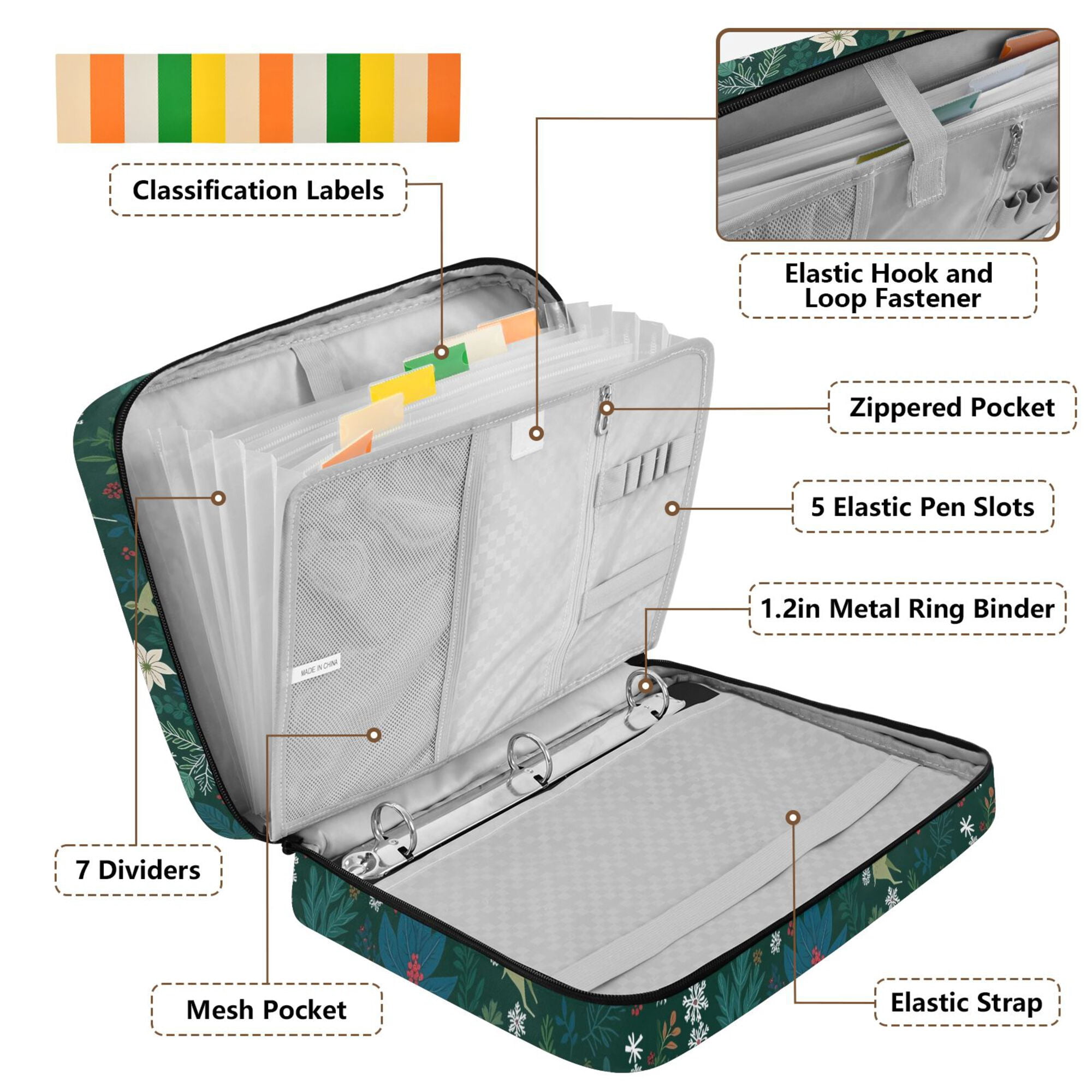 FORMRS Accordion File Folder A4 Size 7-Pocket Expanding Document Organizer Bag with 3 Ring Binder, Green Christmas Forest