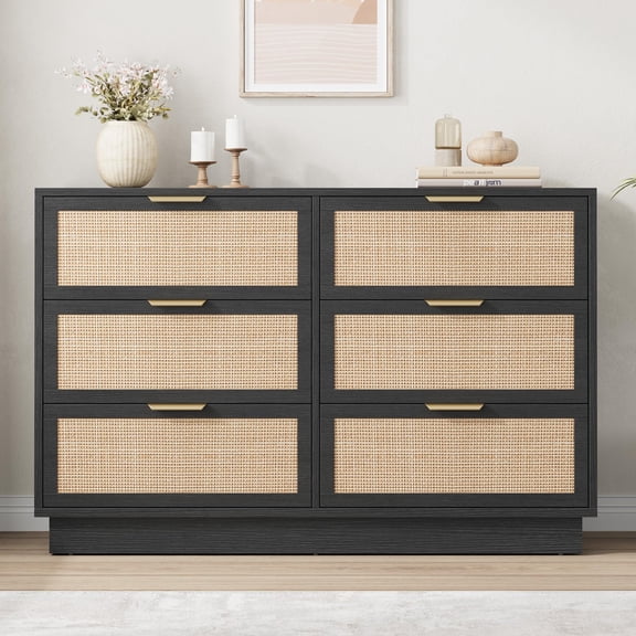 6 Drawer Rattan Dresser for Bedroom, 47" Wide Boho Chest of Drawers with Integrated Cabinet Body & Legs Design, Wooden Dressers Organizer for Hallways, Entryways, Closet
