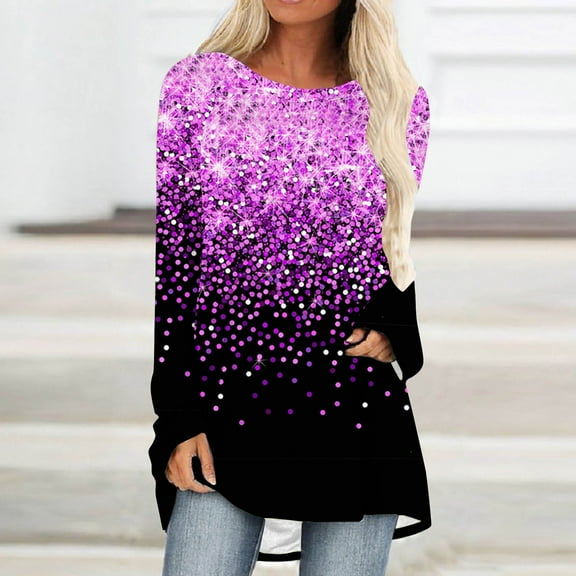 EQWLJWE Sequin Tops for Women Plus Size Sparkly Glitter Party Tops Blouse Crewneck Gradient Print Long Sleeve Dressy Shirt for Dance Party Nightclub Purple(S-5Xl)
