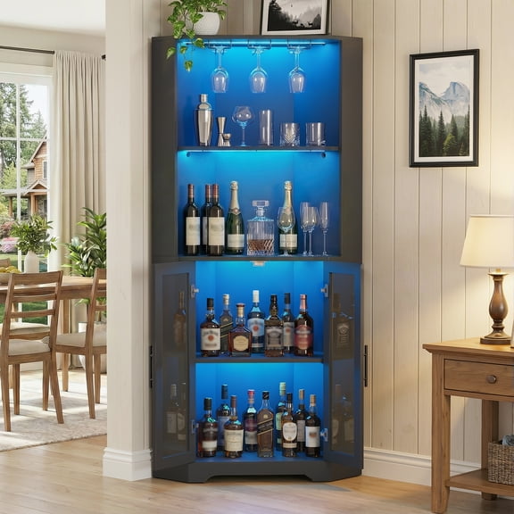 Magic Union Corner Liquor Wine Display Cabinet with LED Lights, Modern 4-Tier Tall Coffee Bar Cabinet with Glass Rack, Adjustable Shelves & Tempered Glass Door for Living Room Kitchen Entryway