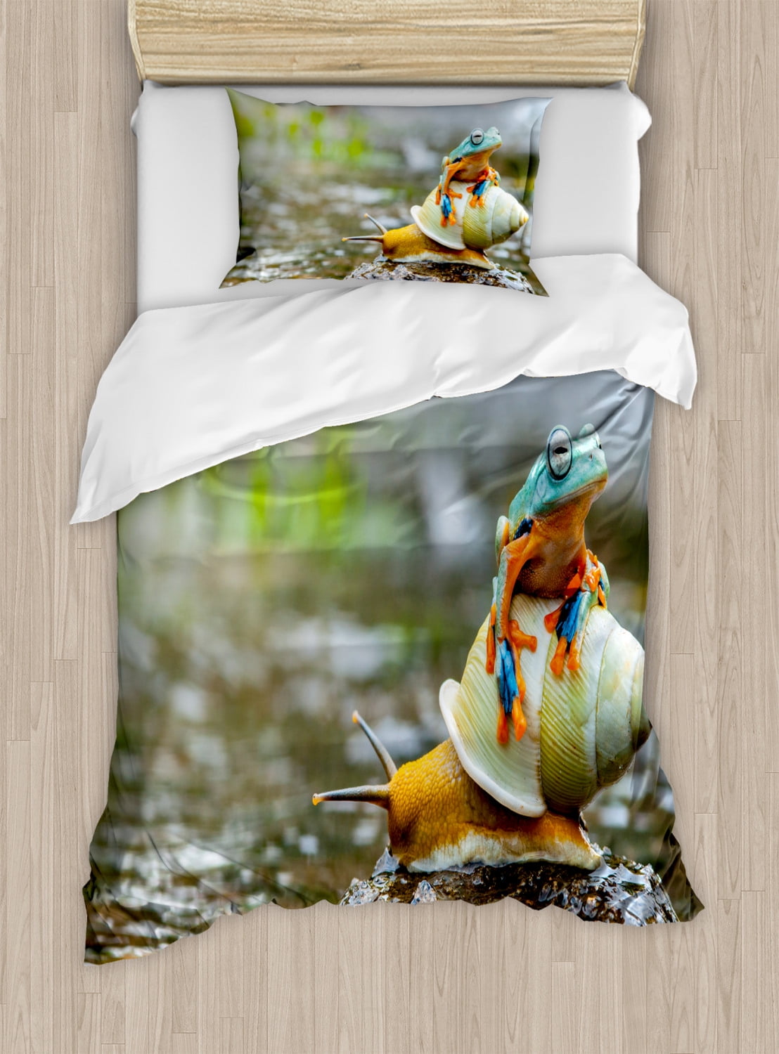 Funny Duvet Cover Set Twin Size, Cute Colorful Frog Above the Snail Riverscape Water Rock